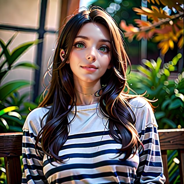 1girl, solo, long hair, looking at viewer, brown hair, shirt, long sleeves, closed mouth, upper body, outdoors, striped, blurry, lips, blurry background, striped shirt, realistic