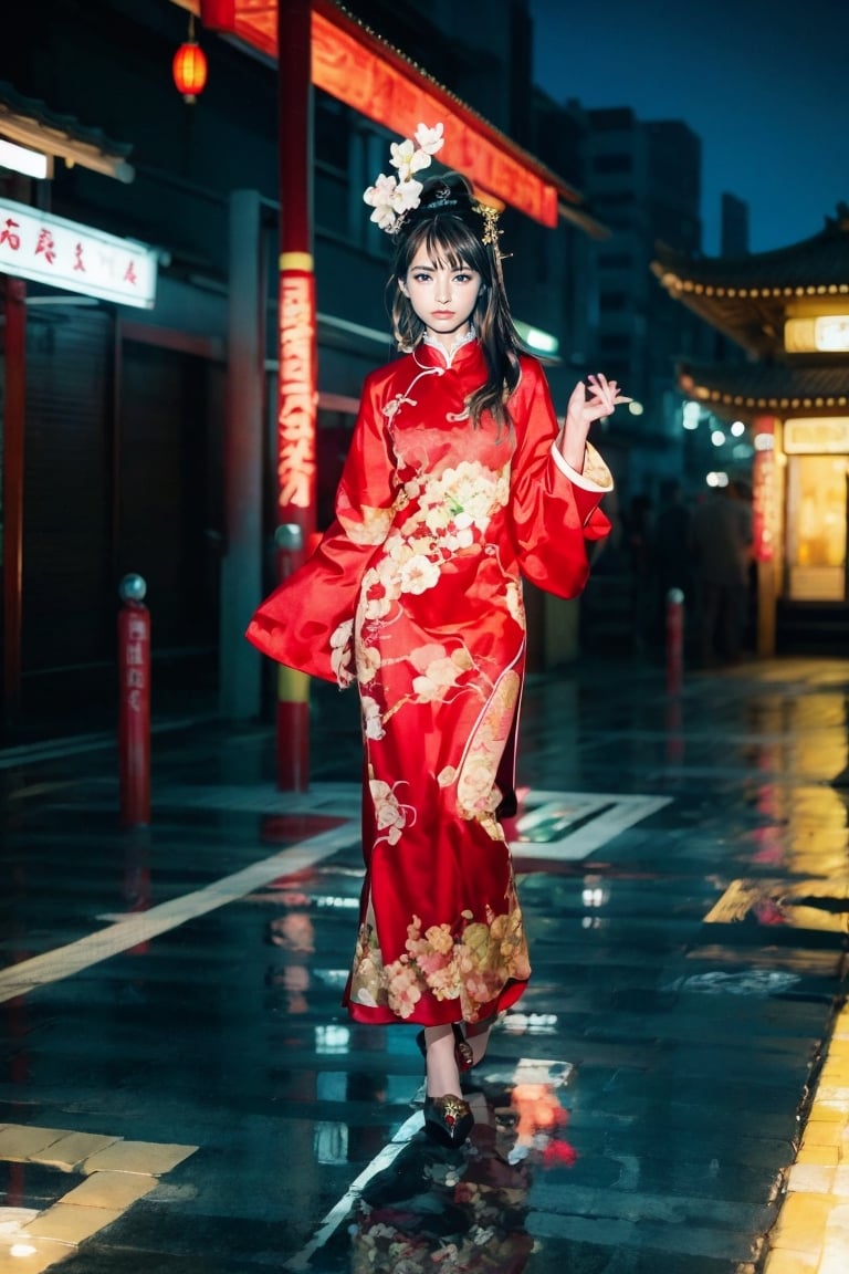 1girl, solo, long hair, smile, black hair, hair ornament, long sleeves, dress, standing, full body, flower, sky, hair flower, black footwear, high heels, petals, night, chinese clothes, red dress, reflection, lantern, dragon, architecture, east asian architecture, paper lantern, eastern dragon, reflective floor,Realistic,Chinese ink painting