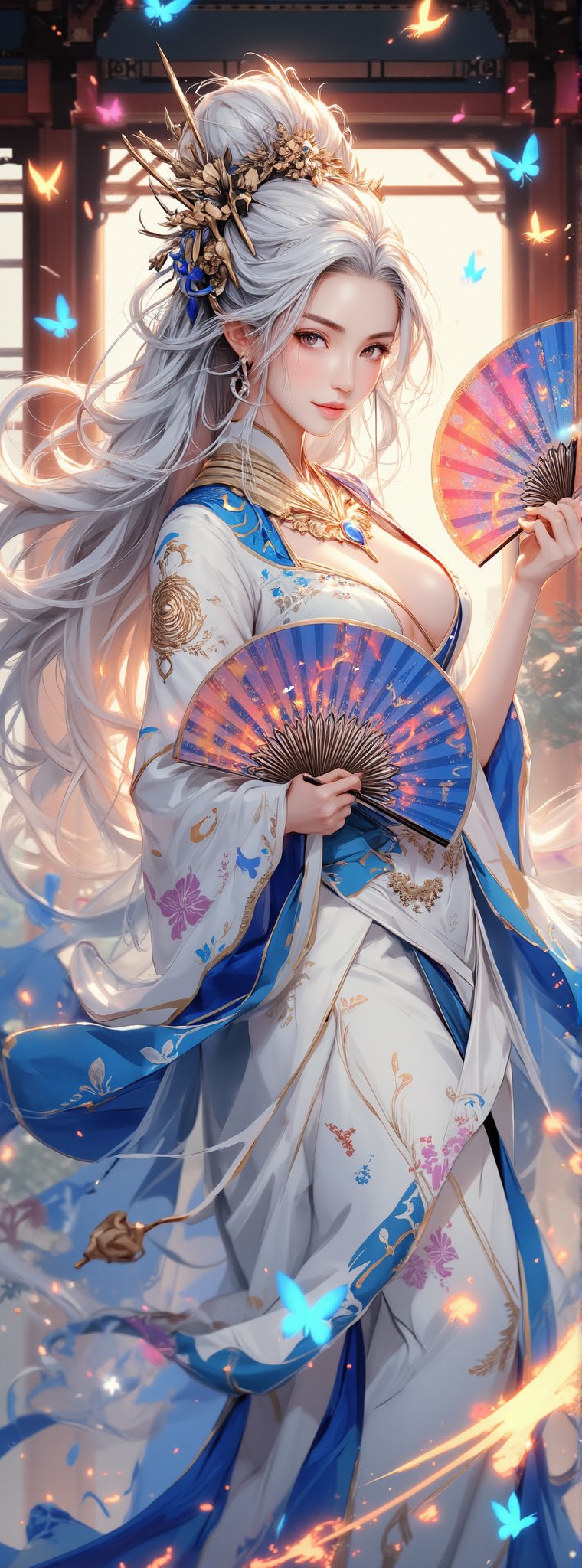 Score_9, score_8_up, score_7_up, A majestic anime-inspired digital artwork, rendered in stunning 16k resolution. A regal beauty, with porcelain-like facial features and flowing white locks, dons a breathtaking palace gown. The main attire is a gleaming white hue with vibrant blue accents and intricate golden floral patterns. The exposed neckline and diamond-patterned waistband add to the overall allure. As she holds two majestic fans, one adorned with blue water patterns and the other with fiery red flame designs, her stunning gown billows dramatically around her. Soft, delicate shadows and ultra-detailed fabric textures bring the scene to life. Surrounding her are stylized fire and water elements, as blue and pink butterflies dance in mid-air. The majestic palace, with its ancient oriental aesthetic, serves as a regal backdrop. A warm glow effect emanates from magic-infused elements, drawing attention to the central figure. In a dramatic pose, our heroine commands the scene, radiating an aura of mystique and enchantment. Movie special effects-style lighting and composition bring this fantasy atmosphere to life, with a focus on the characters that is both captivating and unforgettable. Movie special effects grade style.