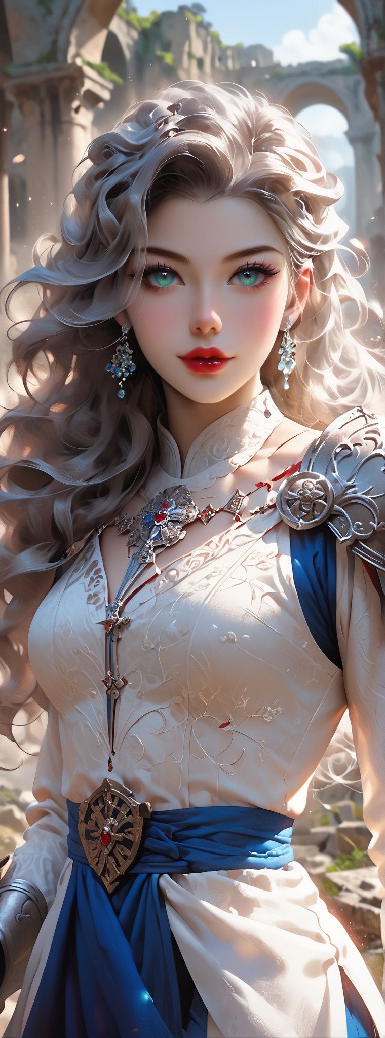 score_9, score_8_up, score_7_up, score_6_up, 23-year-old Taiwanese beauty, supermodel, solo, cool, long black curly hair, looking at the viewer, blue eyes, long sleeves, shut up, red lips, European style, fantasy,  knight outfit, white & silver long hair, battle, faithing, enemy, ruins, holding long sword, (masterpiece), (best quality), (ultra-detailed), (an extremely delicate and beautiful), ((textile shading)), (caustics), (((sharp focus))),