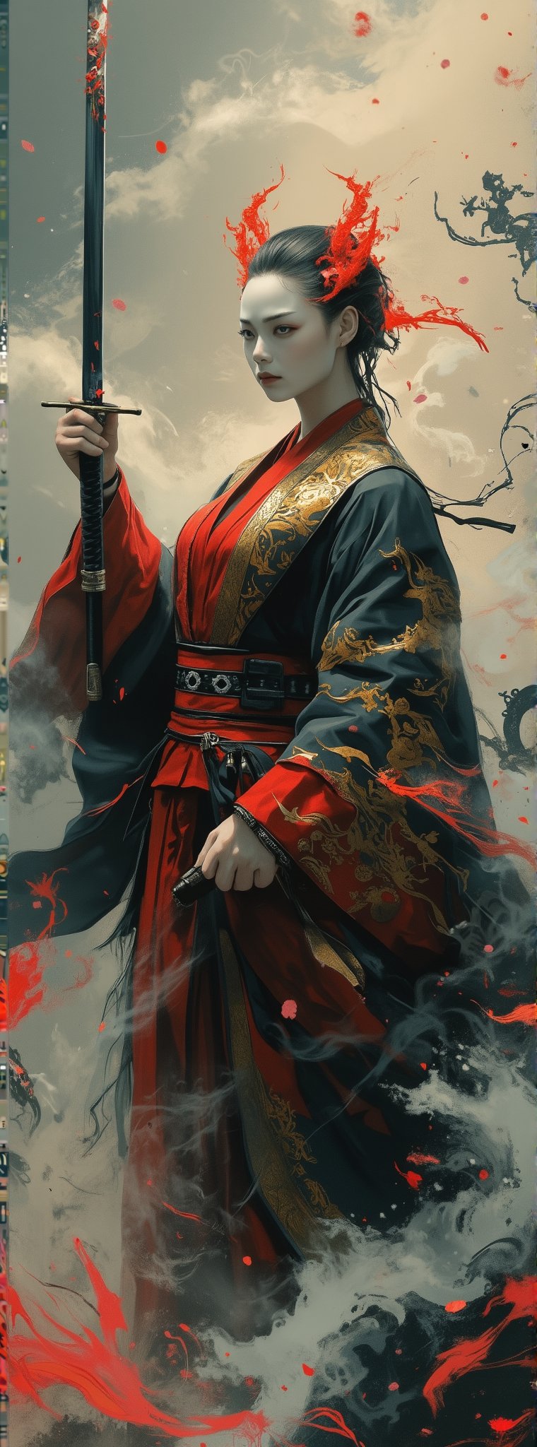 Score_9, score_8_up, score_7_up, A majestic oriental warrior stands poised, donning red armor and a flowing black kimono adorned with intricate golden patterns. Her exposed collar and dramatic posture exude confidence. The billowing kimono seems to defy gravity as she raises her katana high, its tip gleaming in the soft glow of ethereal mist surrounding her. A white ghost face mask and fiery red ghost horns add an aura of mystique. Against a dynamic background of swirling clouds and mythical creatures, this stunning beauty embodies the fusion of ancient traditions and mystical powers. Movie special effects grade style.