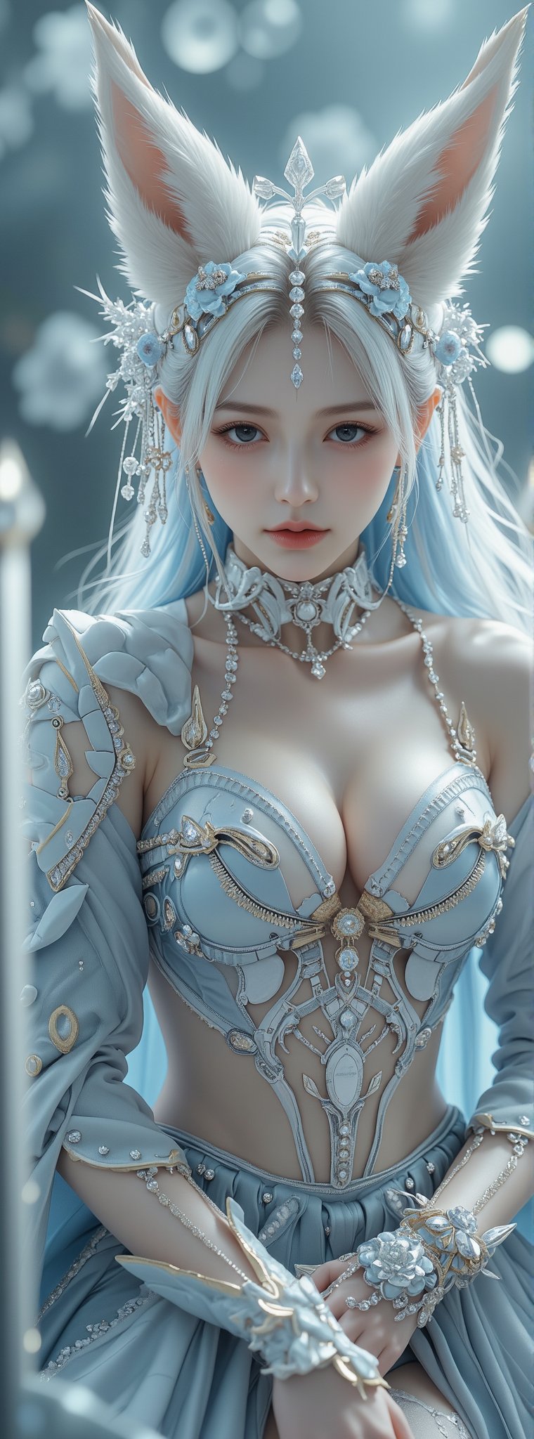 Score_9, score_8_up, score_7_up, a masterpiece unfolds in stunning, ethereal scenes. A brave female warrior ,blunt bangs, wearing diamond armor and golden proportions raises a shining holy sword. The background is a light blue rose with snowflakes that symbolizes purity and delicacy. There was an otherworldly aura in the air, as the armor worn by the female warriors was intricately decorated with machine parts, diamonds, crystals, gems, and sparkling lace threads between the components. Blurred background. The lighting is a perfect blend of exposure, with a subtle HDR effect that adds depth and dimension to the scene. The colors are soft and the tones are soothing, evoking a sense of tranquility. The female warrior has nine white fox tails that adorn her body, giving her an aura of protection and strength. In this surreal fantasy world where magic and technology seamlessly merge, the female warrior's determination to uphold justice is evident, and she is ready to face any challenges that lie ahead. Movie special effects grade style.