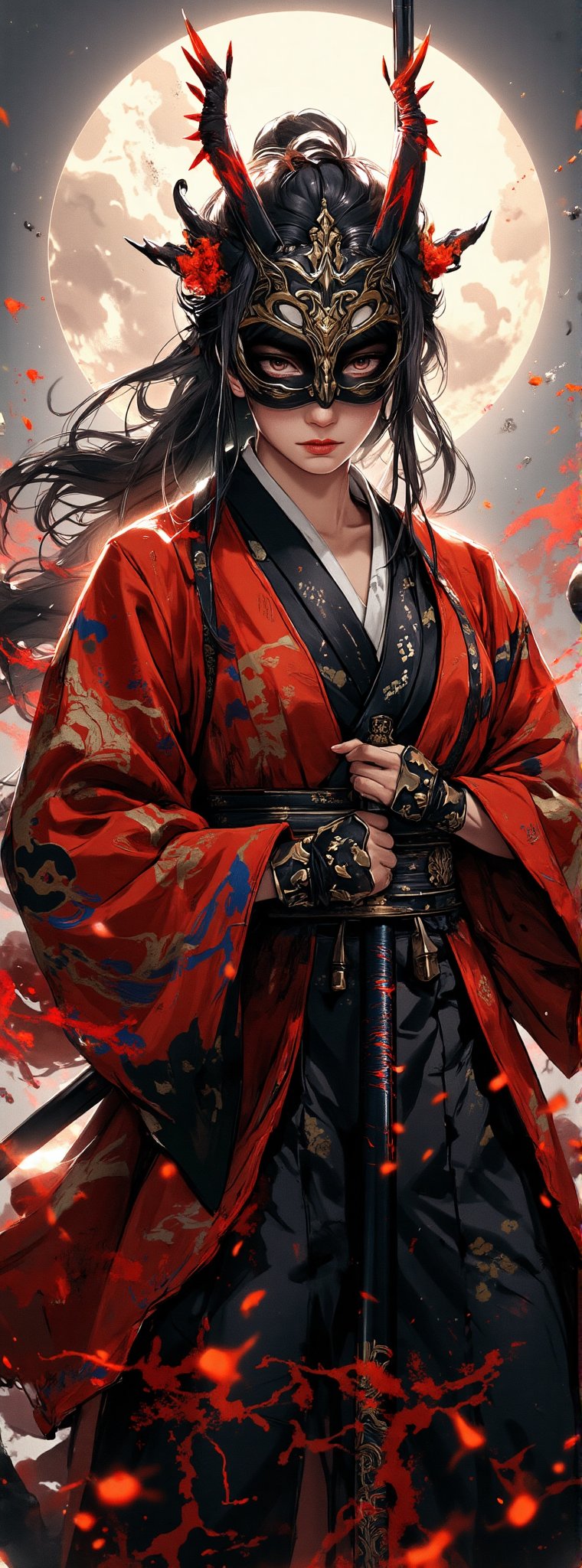 Score_9, score_8_up, score_7_up, A majestic oriental warrior stands poised, donning red armor and a flowing black kimono adorned with intricate golden patterns. Her exposed collar and dramatic posture exude confidence. The billowing kimono seems to defy gravity as she raises her katana high, its tip gleaming in the soft glow of ethereal mist surrounding her. A white ghost face mask and fiery red ghost horns add an aura of mystique. Against a dynamic background of swirling clouds and mythical creatures, this stunning beauty embodies the fusion of ancient traditions and mystical powers. Movie special effects grade style.