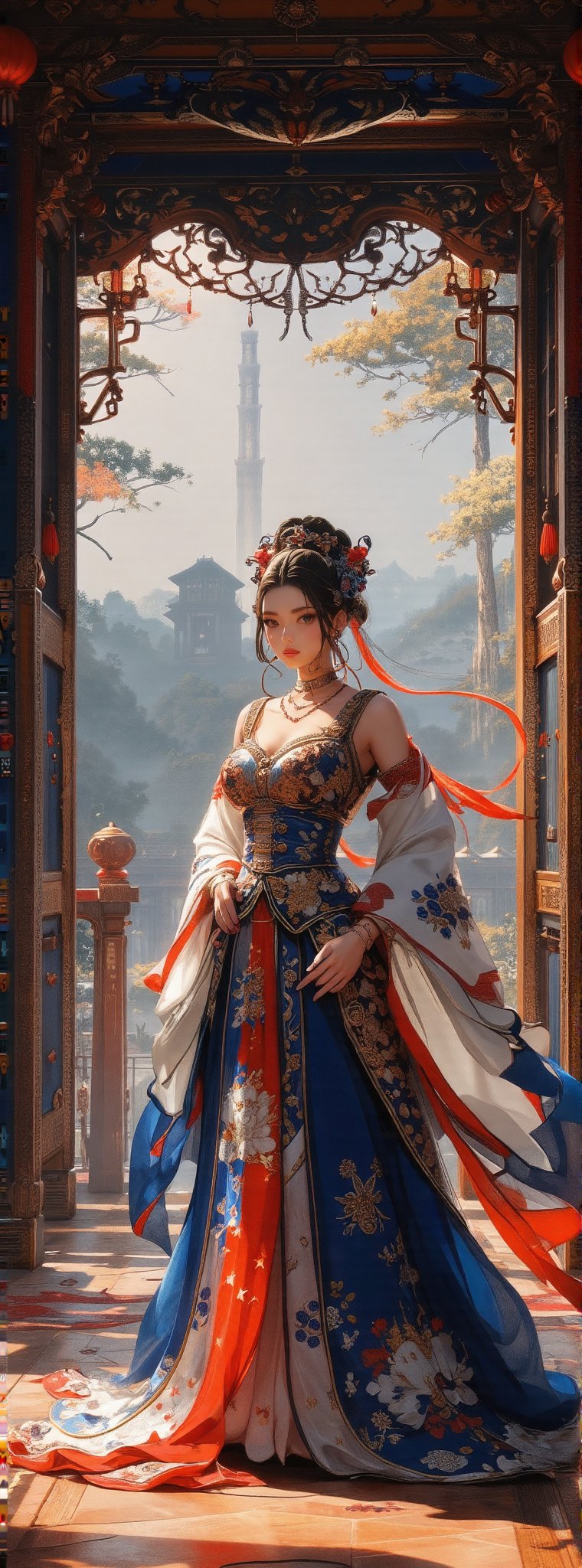 Score_9, score_8_up, score_7_up, An anime styleregal beauty stands majestically within an opulent ancient oriental palace, her lavish dress a masterpiece of ornate embellishments, intricate embroidery, and dazzling accessories. The traditional pattern-adorned silk fabric shimmers in harmony with bright colors and elaborate headdresses, blending Eastern aesthetics and martial arts flair. Framed by intricately carved wooden screens and sweeping archways, the stately subject's pose exudes confident poise, as if ready to unleash her inner warrior. Movie special effects grade style.