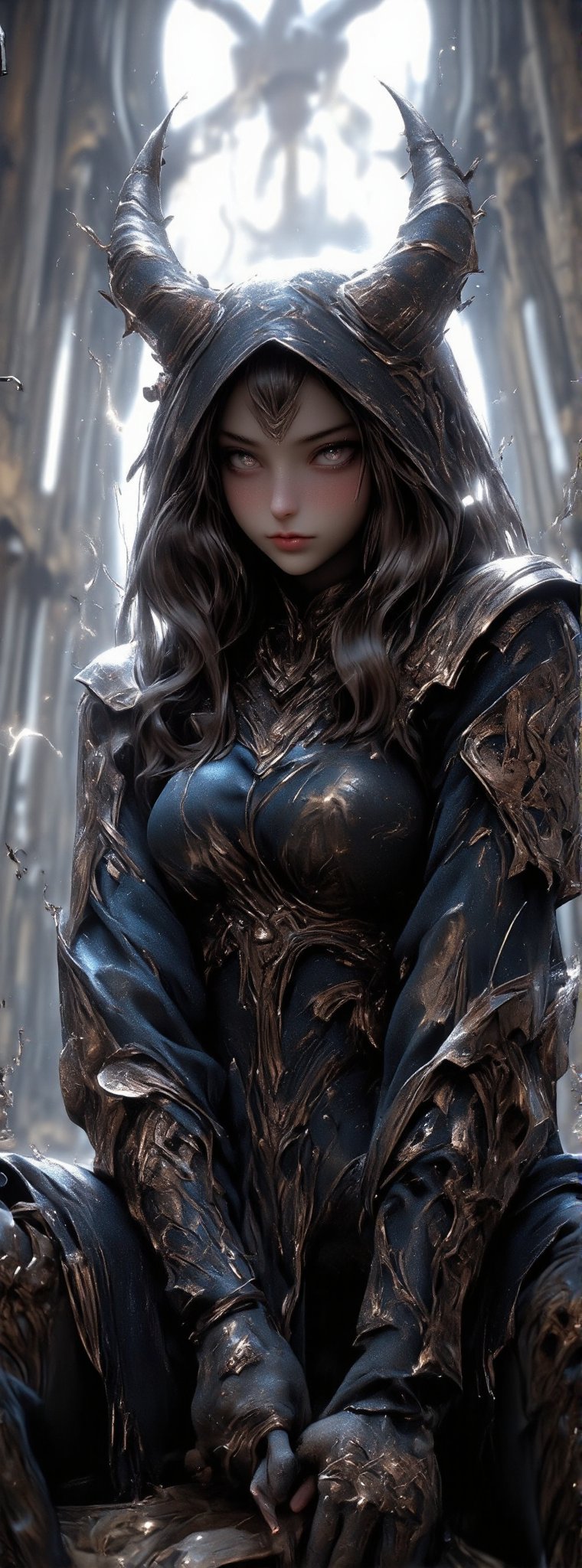 Score-9, score_8_up, score_7_up, In a storm-tossed landscape of rugged grey stone and swirling darkness, a mysterious female dark knight stands tall. Wearing elaborately crafted armor with elegant dark blue inlays, her shrouded in a tattered cloak that billows behind them like a black cloud. Her face is hidden beneath a hood, but her glowing red eyes burn bright as embers, piercing the gloom. The air is electric with otherworldly energy as lightning crackles and sparks dance across the scene. Frostmourne, the epic sword, glows with an ethereal light in her grasp. Amidst the turmoil, debris falls like autumn leaves from a midnight sky, casting long shadows that seem to writhe like living tendrils. Movie special effects grade style.