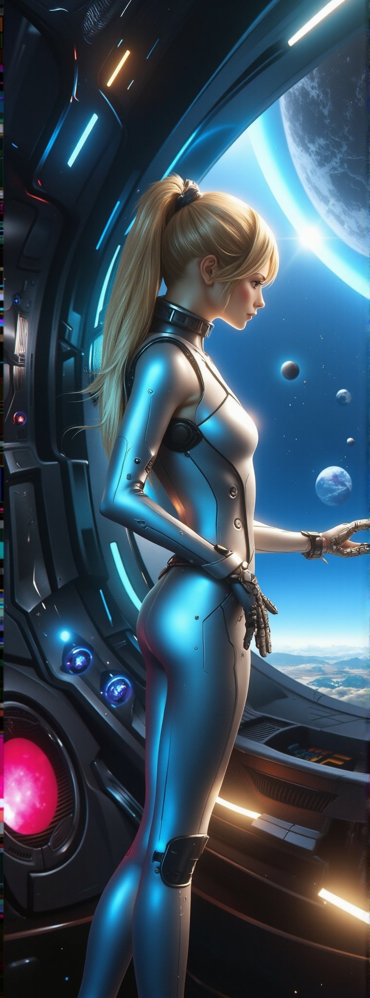 Score_9, score_8_up, score_7_up, A stunning blue-eyed, blond female space explorer stands confidently at the console of her sleek spaceship, her eyes fixed on the stars outside the window. A futuristic space suit hugs her slender frame, its reflective material gleaming in the soft ambient light inside the spacecraft. A kaleidoscope of colored lights flashes across the walls, imbuing the scene with a sense of advanced technology and otherworldly wonder. In the distance, swirling galaxies and planets unfold like a cosmic tapestry, while UFOs dot the starry background, their ethereal forms punctuating the boundless expanse of space. Movie special effects style.