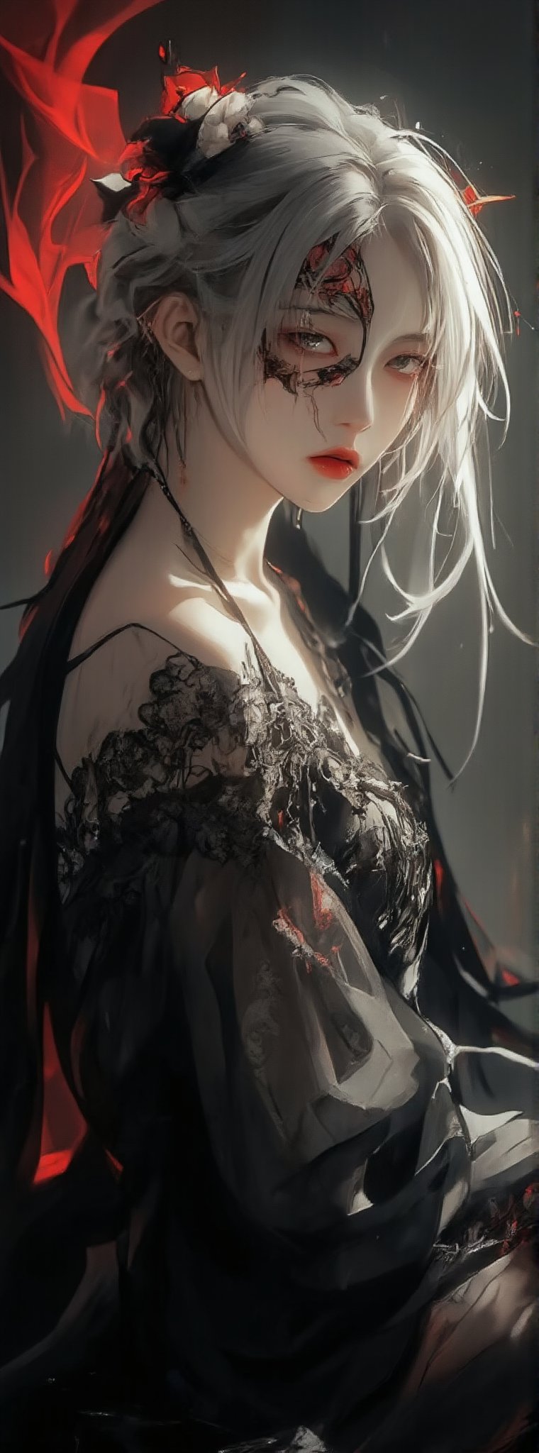 Score_9, score_8_up, score_7_up, In this hauntingly beautiful piece, an ancient oriental beauty sits poised, her fair skin glowing like moonlight. Her eyes, large and aggressive, seem to pierce through the darkness, as delicate features appear almost ethereal. Silver hair flows in double braids down her back, framing a mask of intricate red and black patterns on her left cheekbone, evoking Japanese ghostly motifs. A small tear-shaped mole adorns her right cheek, adding to the mystique. Lips painted deep crimson deepen the eerie gothic ambiance. A flowing dress with lace pattern undulates like a dark mist, while her gloved hand cradles a massive poker card. Against this abstract backdrop of swirling red and black, the beauty's mystical aura takes center stage. Movie special effects grade style.