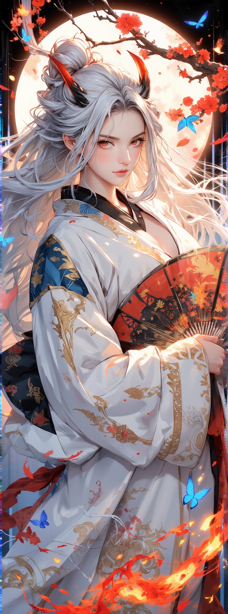 Score-9, score_8_up, score_7_up, Flowing anime style woman in gorgeous kimono, 8k resolution, digital art. Long flowing white hair and red ghost horns. The kimono is predominantly white with red accents and intricate gold patterns. The neckline is revealing and the belt has a plaid pattern. Holding huge decorative fans, one has a blue water pattern and the other has a red flame pattern. Dramatic poses, kimono tumbling. Surrounded by stylized fire and water elements. Blue and pink butterflies. The background features large images of the sun and moon. There are cherry blossoms and oranges on the branches. A contrasting palette of warm reds and cool blues. Delicate lines and soft shadows. Ultra-detailed fabric textures and patterns. Glow effect around magic elements. Inspired by traditional Japanese art and modern anime aesthetics. Dreamy, dreamy atmosphere. Sharp focus on character, slight blurring of background elements. Movie special effects grade style.