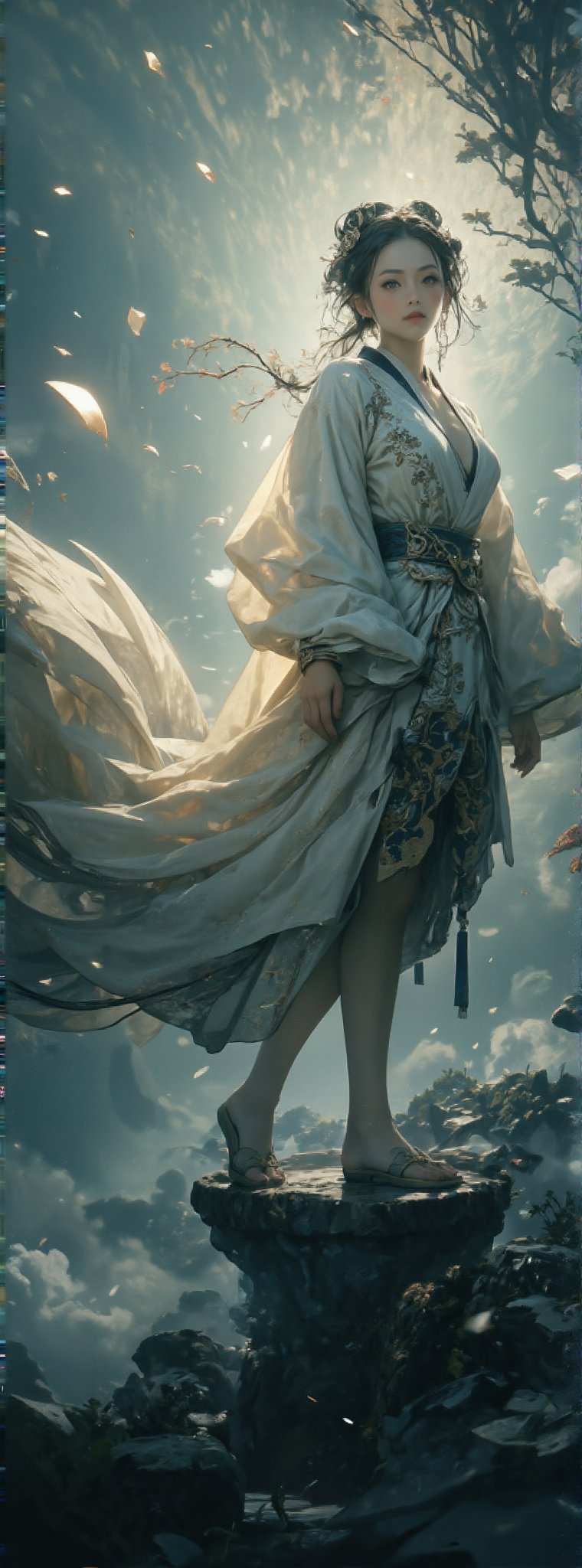 Score_9, score_8_up, score_7_up, A cinematic poster featuring an enigmatic Oriental beauty, shrouded in mystery and whimsy. Soft focus captures her delicate features: porcelain skin, dark eyes slightly ajar, gazing directly at the viewer. Exquisite brushwork adorns her elegant attire, rustling gently in the breeze. A platform of misty clouds stretches out behind her, bathed in soft, ethereal light, with subtle shadows adding depth to this dreamlike scene. Movie special effects grade style.