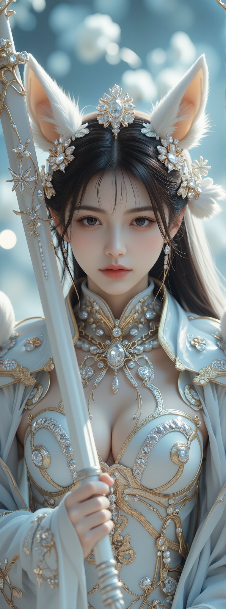 Score_9, score_8_up, score_7_up, a masterpiece unfolds in stunning, ethereal scenes. A brave female warrior ,blunt bangs, wearing diamond armor and golden proportions raises a shining holy sword. The background is a light blue rose with snowflakes that symbolizes purity and delicacy. There was an otherworldly aura in the air, as the armor worn by the female warriors was intricately decorated with machine parts, diamonds, crystals, gems, and sparkling lace threads between the components. Blurred background. The lighting is a perfect blend of exposure, with a subtle HDR effect that adds depth and dimension to the scene. The colors are soft and the tones are soothing, evoking a sense of tranquility. The female warrior has nine white fox tails that adorn her body, giving her an aura of protection and strength. In this surreal fantasy world where magic and technology seamlessly merge, the female warrior's determination to uphold justice is evident, and she is ready to face any challenges that lie ahead. Movie special effects grade style.