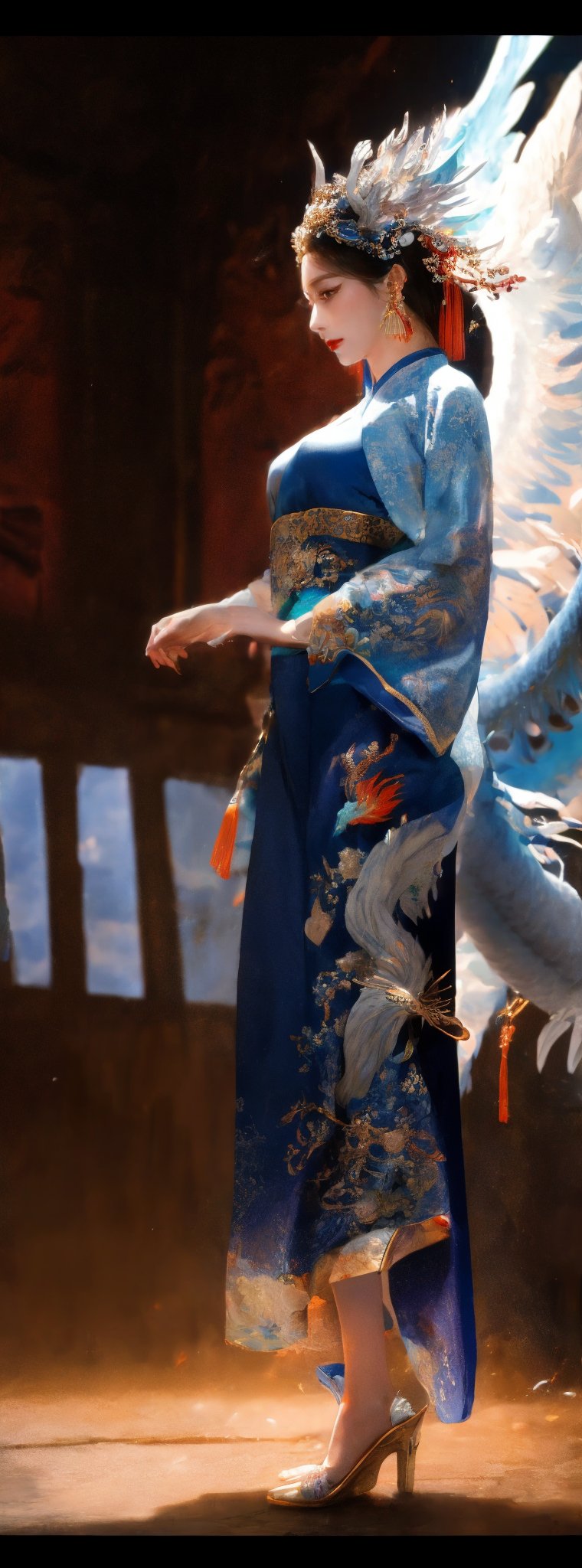 Realistic style, full body, side view, Tang Dynasty, China, on the stage of the ancient gorgeous theater, a 23-year-old Taiwanese beauty wears a Peking Opera actress's headdress, earrings, necklaces, bracelets, and a dark blue Peking Opera actress's short skirt made of top-quality silk Clothing (the clothing has exquisite white dragon and phoenix embroidery patterns), natural big breasts, bare feet, seductive smile, Peking Opera movements, panoramic view. (1girl: 1.4), (RAW photo, best quality), (real, photo real: 1.1), most Best Quality, Masterpiece, Beauty & Aesthetics, 16K, (HDR: 1.2), High Contrast, (Vivid Colors: 1.3), (Soft Colors, Dull Colors, Soothing Tone: 0), Cinematic Lights, Ambient Light, Side light, fine details and textures, cinematic shots, warm colors, (bright and intense: 1.1), wide angle shots, xm887, surreal illustration, Siena's natural proportions, silver hair, dynamic poses, body and hands The precise anatomy of four fingers and a thumb