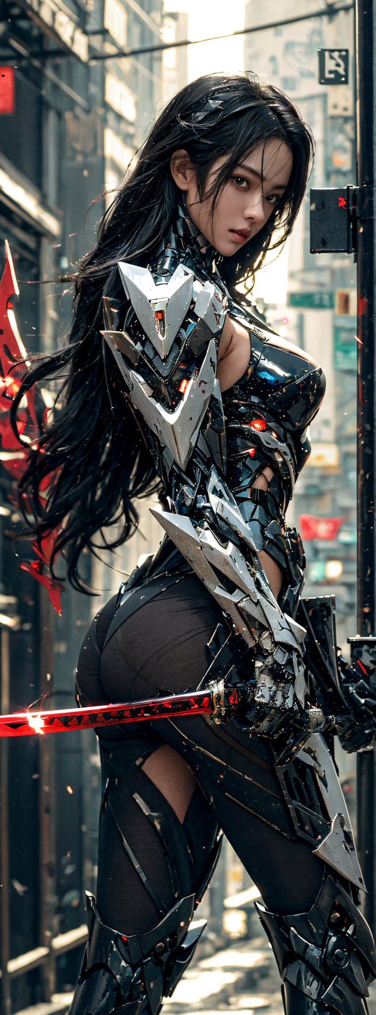 1girl, solo, cool, long black hair, huge natural breasts, looking at viewer, red eyes, very long hair, standing, outdoors, long red glowing katana, holding weapon, blurred background ,from the side, looking at the side, black mecha tights, night, depth of field, blurred background, hand sheath, railings, mecha elements, cyberpunk,