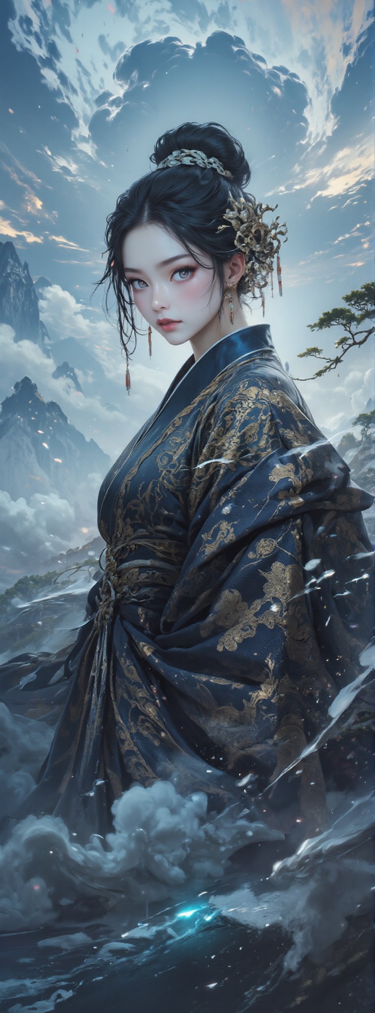 Score_9, score_8_up, score_7_up, A cinematic poster featuring an enigmatic Oriental beauty, shrouded in mystery and whimsy. Soft focus captures her delicate features: porcelain skin, dark eyes slightly ajar, gazing directly at the viewer. Exquisite brushwork adorns her elegant attire, rustling gently in the breeze. A platform of misty clouds stretches out behind her, bathed in soft, ethereal light, with subtle shadows adding depth to this dreamlike scene. Movie special effects grade style.