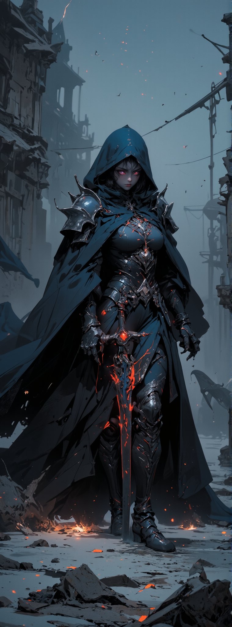 Score-9, score_8_up, score_7_up, In a storm-tossed landscape of rugged grey stone and swirling darkness, a mysterious female dark knight stands tall. Wearing elaborately crafted armor with elegant dark blue inlays, her shrouded in a tattered cloak that billows behind them like a black cloud. Her face is hidden beneath a hood, but her glowing red eyes burn bright as embers, piercing the gloom. The air is electric with otherworldly energy as lightning crackles and sparks dance across the scene. Frostmourne, the epic sword, glows with an ethereal light in her grasp. Amidst the turmoil, debris falls like autumn leaves from a midnight sky, casting long shadows that seem to writhe like living tendrils. Movie special effects grade style.