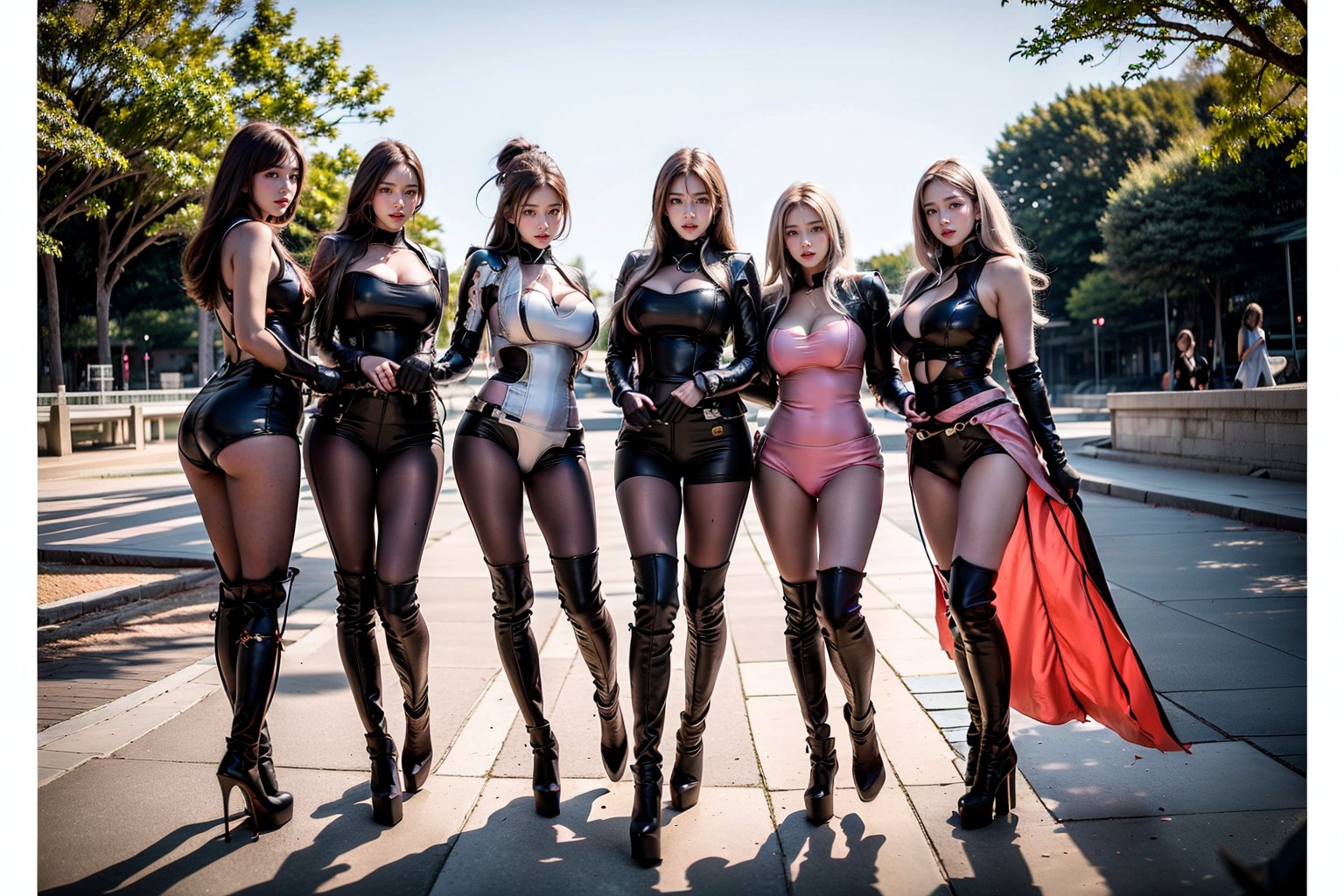 A masterpiece of cinematic elegance! A stunning group of girls,  solo in the foreground,  stand tall with confidence by Ma...
