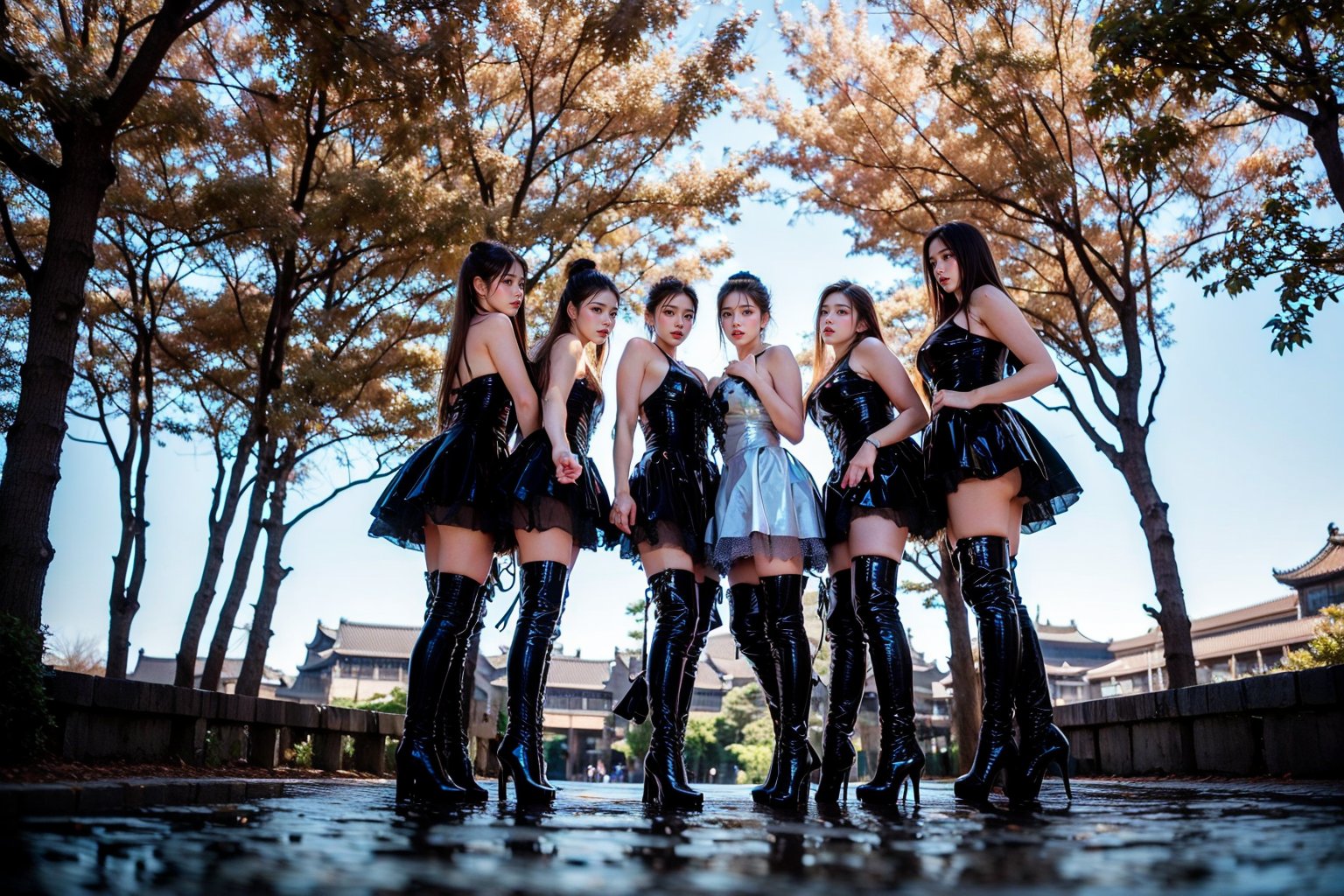 A masterpiece of cinematic elegance! A stunning group of girls,  solo in the foreground,  stand tall with confidence by Ma...