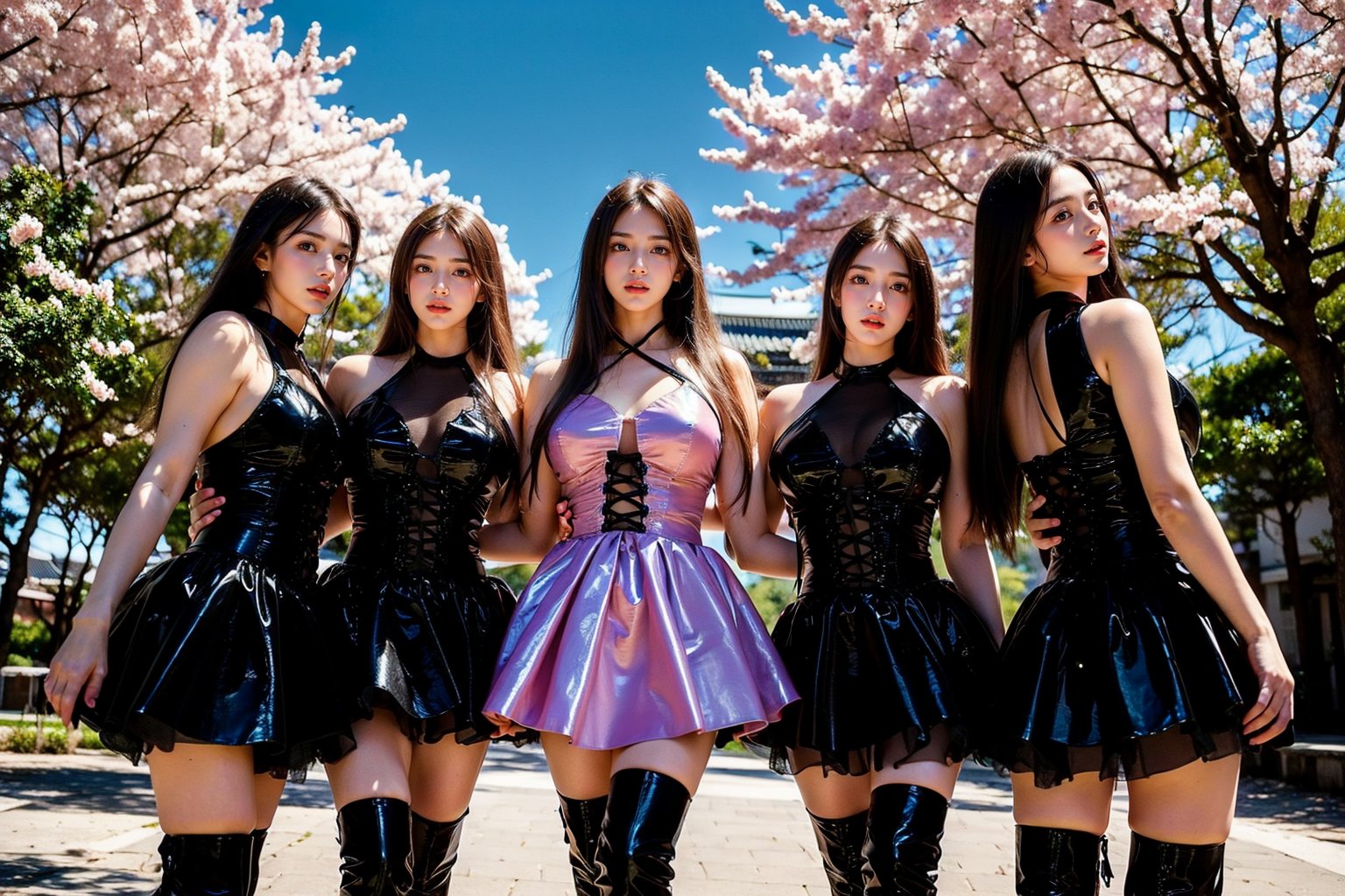 A masterpiece of cinematic elegance! A stunning group of girls, solo in the foreground, stand tall with confidence, their full bodies portrait perfect against a serene sky background. Soft, natural lighting casts a warm glow, accentuating their beautiful hands and intricate details on their pink Chinese dresses. The camera captures a Vogue model-like pose, complete with bangs, golden bracelets, and thigh boots that seem to shine like diamonds. The long, flowing hair cascades down their backs like a river of silk. In the distance, the majestic Sakura trees of Forbidden City stand tall, their beauty reflected in the girls' serene expressions. The overall aesthetic is one of soft, vivid colors, with a focus on cinematic lighting and photorealistic illustration.,black short sleeveless dress