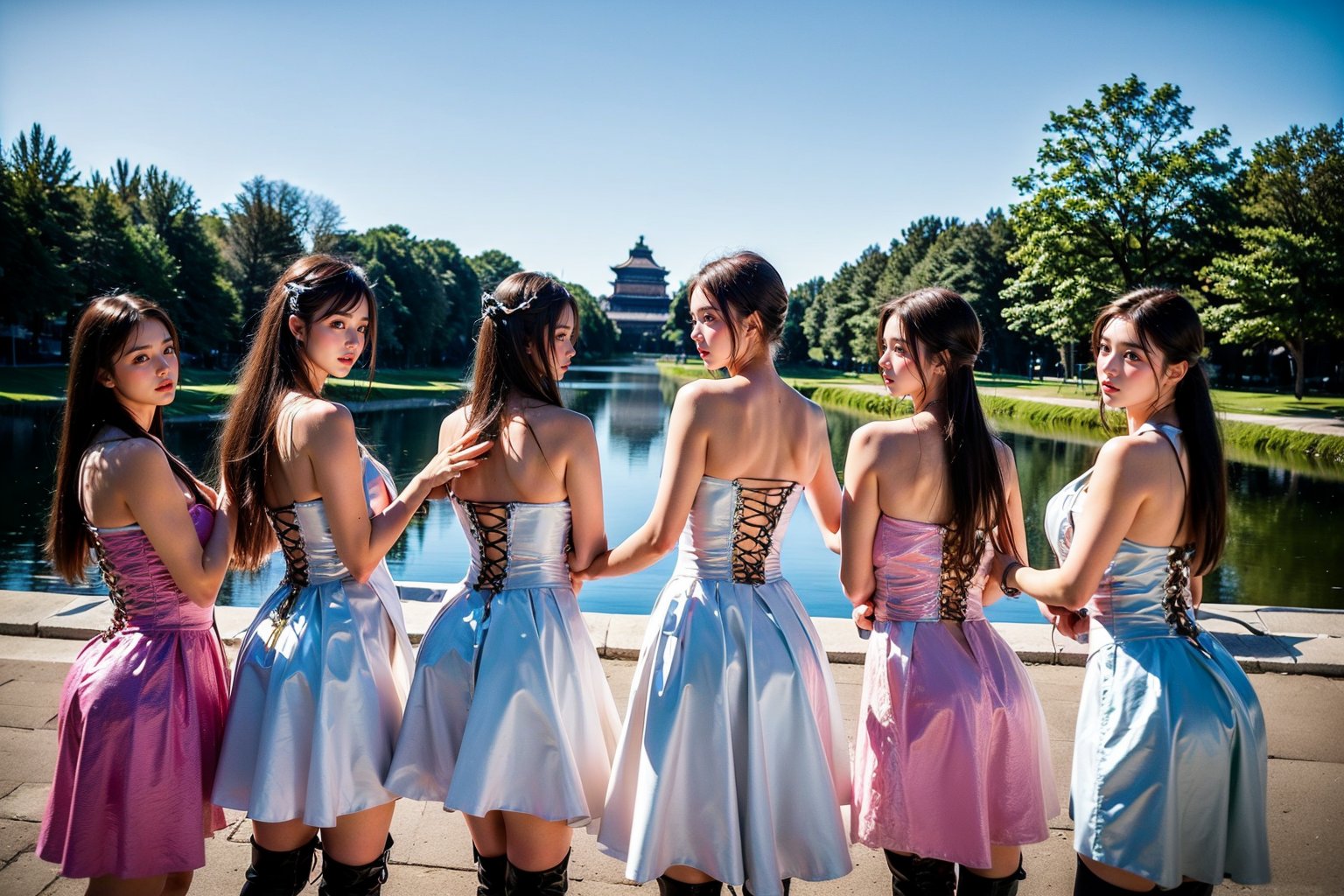 A masterpiece of cinematic elegance! A stunning group of girls,  solo in the foreground,  stand tall with confidence by Ma...
