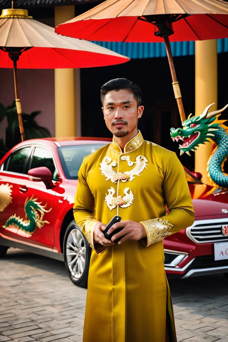 A stylish Vietnamese man is leaning on a car, adorned in a traditional ao dai dress, while holding a cigar and smartphone. In the backdrop, thousand of drones flying create into a dragon shape displayed. This photo is from the R4W exhibition. The man exudes confidence and sophistication as he seamlessly blends traditional and modern elements in his attire and accessories. The vibrant dragon paintings in the background add a touch of cultural richness to the scene, creating a captivating juxtaposition of old and new. This compelling photograph encapsulates the essence of Vietnamese style and heritage, showcasing the fusion of tradition and contemporary influences.,studio lighting