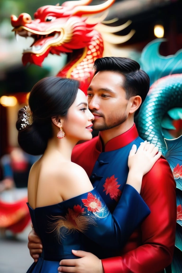 Masterpiece of a couple fat Vietnamese hugging each other,firework shape a dragon in the sky. The man in dark blue suit,40 years old;white highlight hair,short beard.Women 30 years old in red ao dai with lotus and phoenix pattern,short black hair.They are standing in the crowd of Old Quarter of Hanoi, Vietnam. 