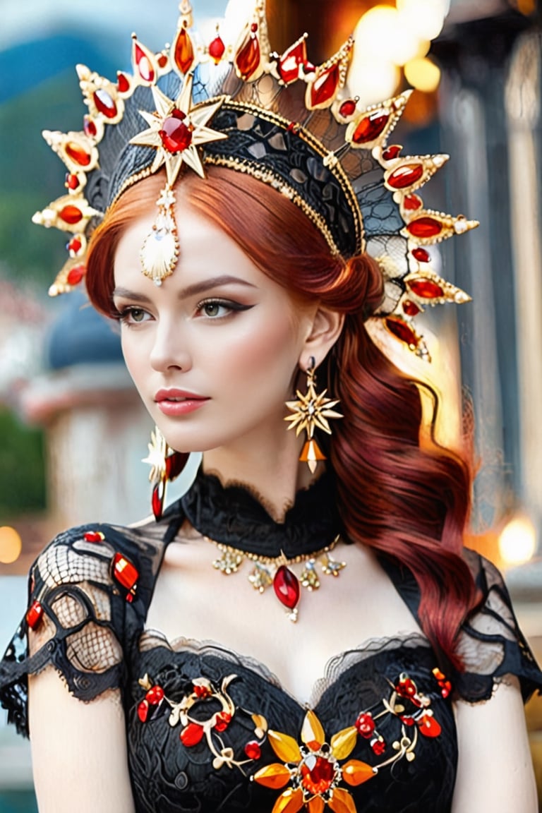 Beautiful white woman with bright red hair in a black lace long dress. On her head the girl wears an interesting black headdress in the shape of a star, decorated with red and orange precious stones and Swarovski crystals. Beautiful long earrings. Golden glow. Detailed detail. Very high quality, super realistic photo.

