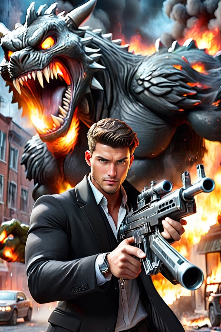 A handsome man with black blazer, holding a machine gun, firing at Giant Monster. Street in fire, moonlight high