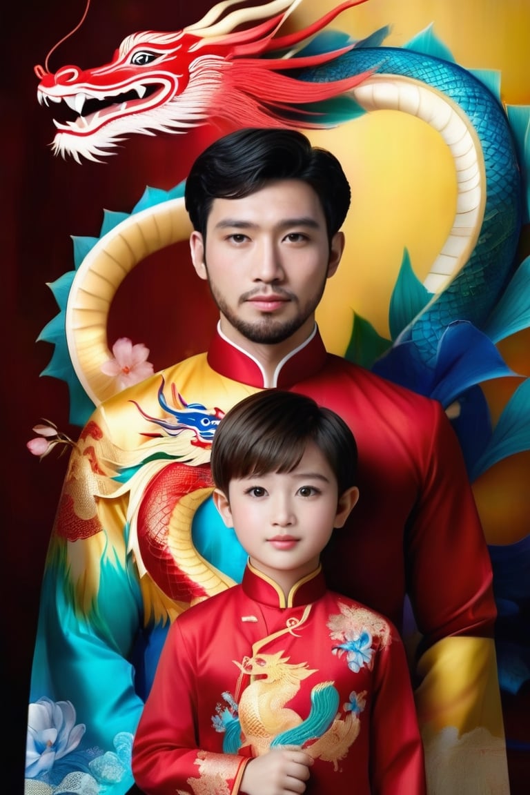 Master piece of a Vietnamese family of 4 people, man 40 years old white short highlight hair,short beard, wife 30 years short hair in red ao dai, fat boy 10 years old in school uniform, skinny 8 years boy short hair in blue. dragon ao dai.