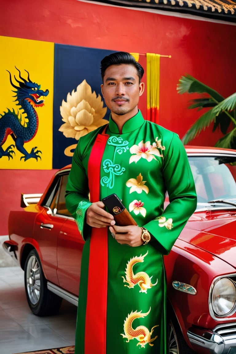 A stylish Vietnamese man is leaning on a car, adorned in a traditional ao dai dress, while holding a cigar and smartphone. In the backdrop, dragon paintings are prominently displayed. This photo is from the R4W exhibition. The man exudes confidence and sophistication as he seamlessly blends traditional and modern elements in his attire and accessories. The vibrant dragon paintings in the background add a touch of cultural richness to the scene, creating a captivating juxtaposition of old and new. This compelling photograph encapsulates the essence of Vietnamese style and heritage, showcasing the fusion of tradition and contemporary influences.,studio lighting