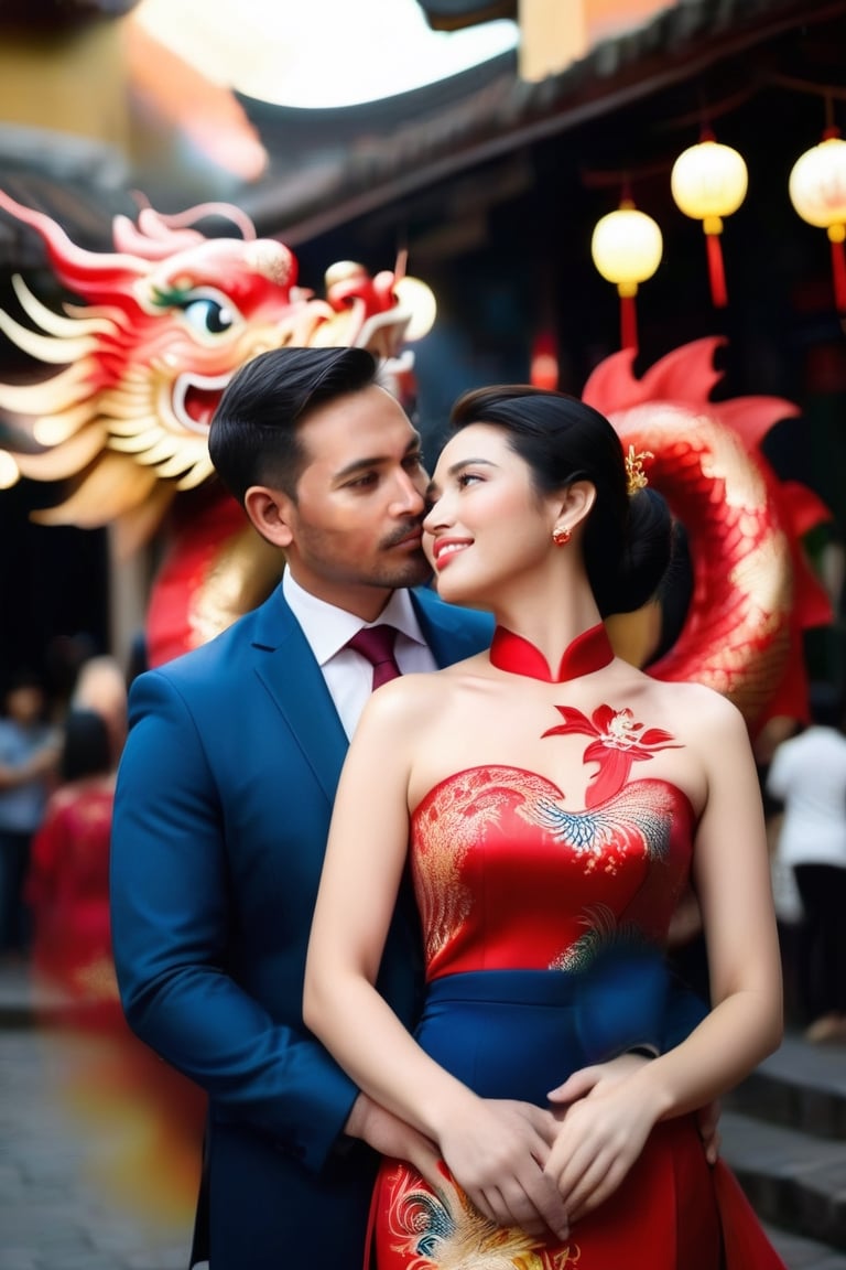 Masterpiece of a couple fat Vietnamese hugging each other,firework shape a dragon in the sky. The man in dark blue suit,40 years old;white highlight hair,short beard.Women 30 years old in red ao dai with lotus and phoenix pattern,short black hair.They are standing in the crowd of Old Quarter of Hanoi, Vietnam. 