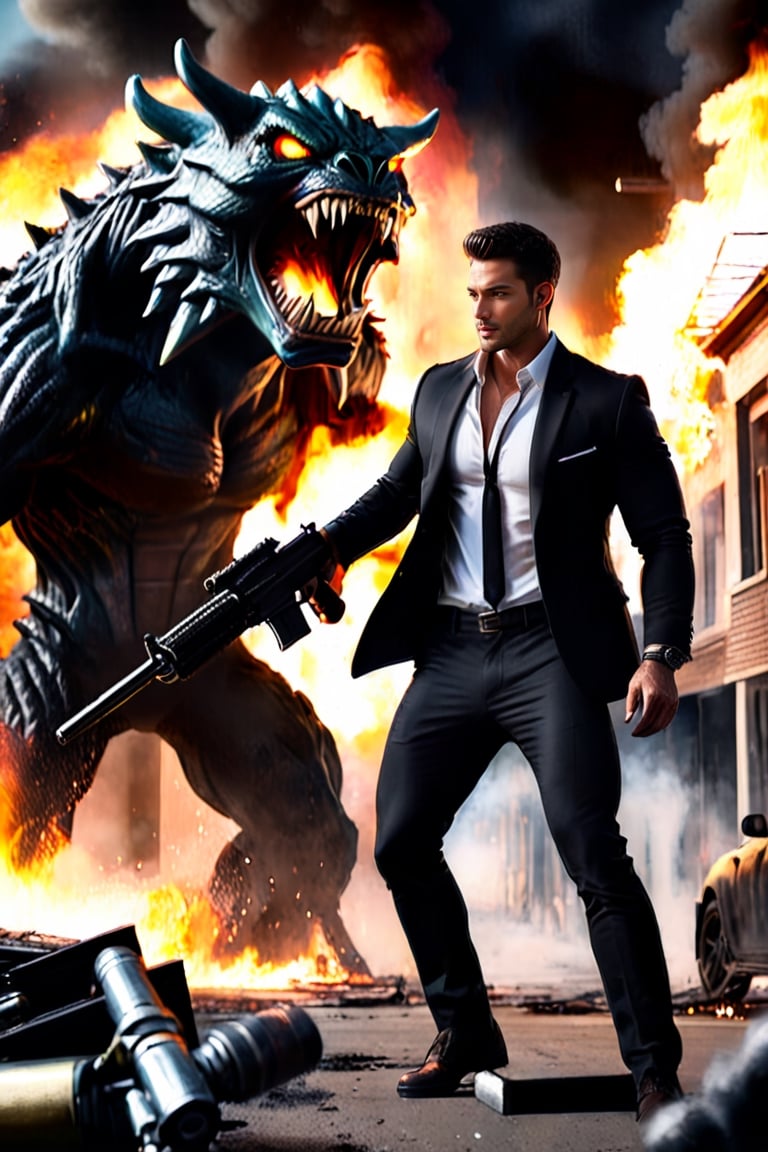 A handsome man with black blazer, holding a machine gun, firing at Giant Monster. Street in fire, moonlight high