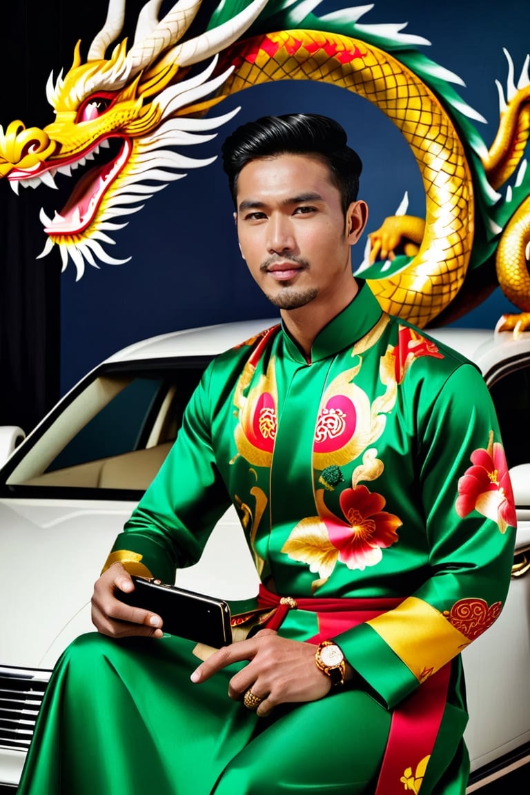 A stylish Vietnamese man is seated on a car, adorned in a traditional ao dai dress, while holding a cigar and smartphone. In the backdrop, dragon paintings are prominently displayed. This photo is from the R4W exhibition. The man exudes confidence and sophistication as he seamlessly blends traditional and modern elements in his attire and accessories. The vibrant dragon paintings in the background add a touch of cultural richness to the scene, creating a captivating juxtaposition of old and new. This compelling photograph encapsulates the essence of Vietnamese style and heritage, showcasing the fusion of tradition and contemporary influences.