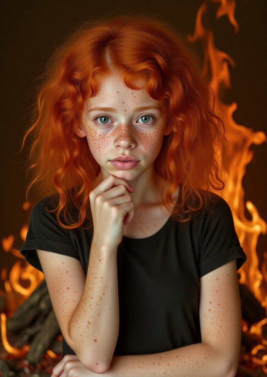 a ginger woman,  upper body,  flames around by Machtnix on Tensor.Art
