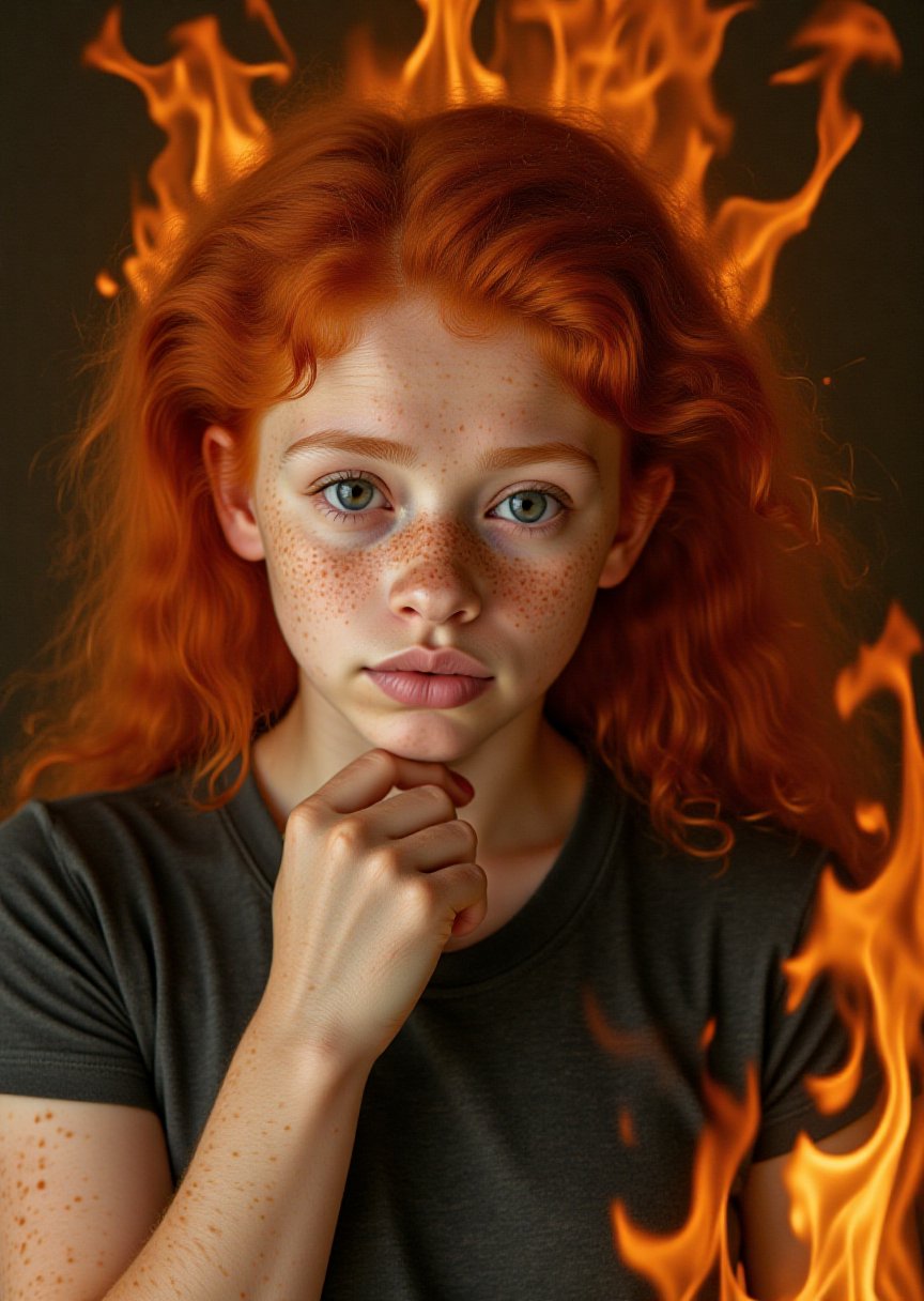 a ginger woman,  upper body,  flames around by Machtnix on Tensor.Art