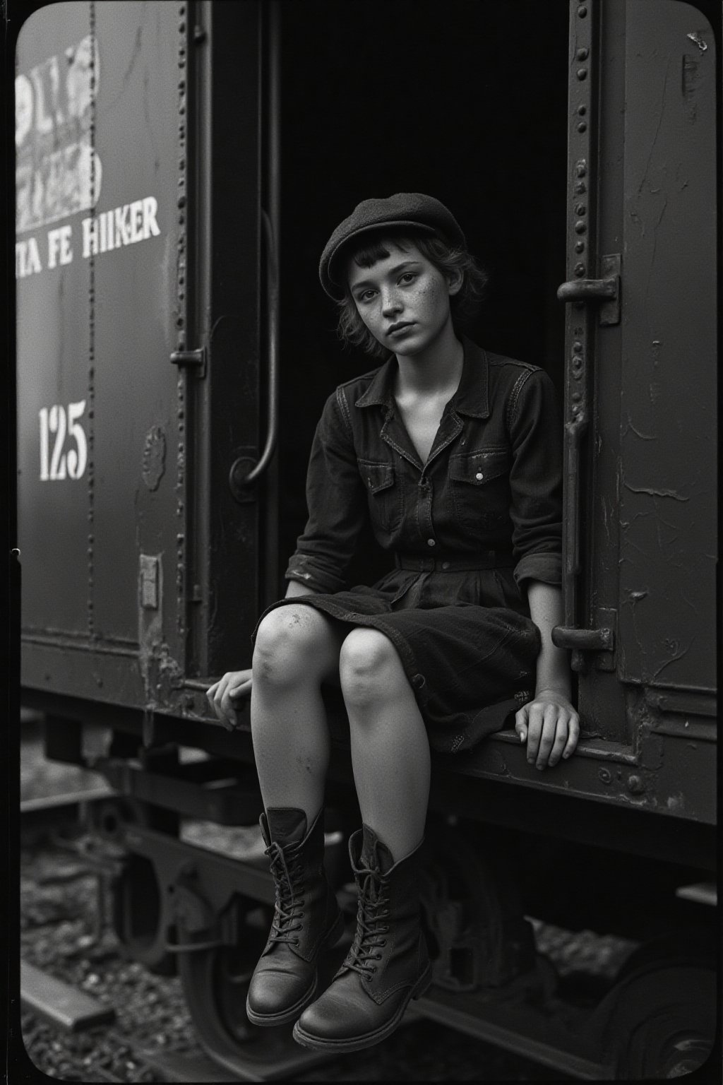 ((A dirty, dirty, dirty, muddy, freckled, neglected girl in ragged black hitchhiker's clothes sits at the open door of a Santa Fe freight  box car in a freight train and lets her legs dangle:1.4)), 14 years old, Carey Mulligan, Sophia Lillis,  (((dirty face:1.4))), dirty skin:1.4, dirty clothes:1.4, messy hair, dusty, foggy, bum hitchhiker, boots with open laces, bruised knees:1.4, She wears a craftsman cap on her head, and her delicate beautiful gracile girl's hands bear witness to poverty and hunger, 5 fingers, sinewy, correct anatomy, high detailed face, high detailed hands, high detailed eyes, Everything is shrouded in the smoke of a distant steam engine, black-and-white photo, 1930 photo, ortho film, photorealistic, sepia, washed out, sparkles, scratches, 25 ASA, old photo