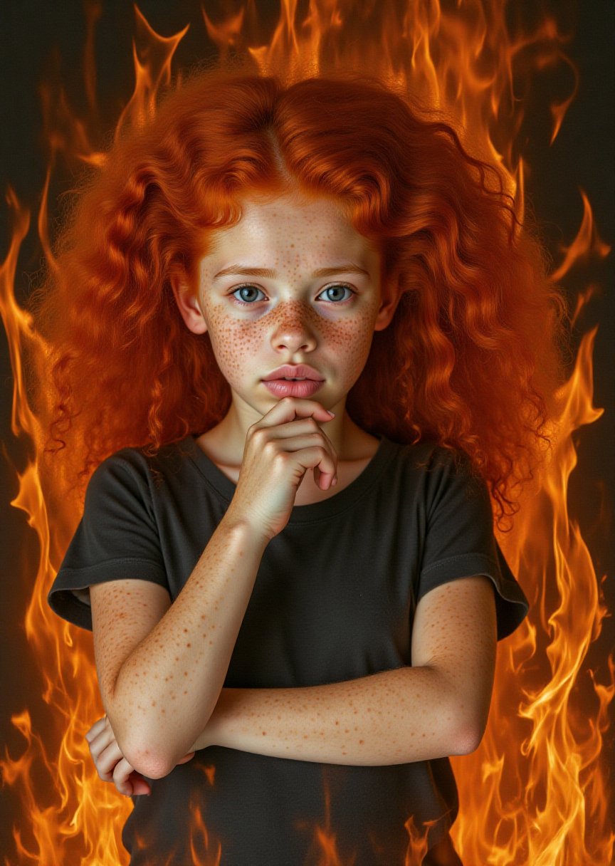 a ginger woman,  upper body,  flames around by Machtnix on Tensor.Art