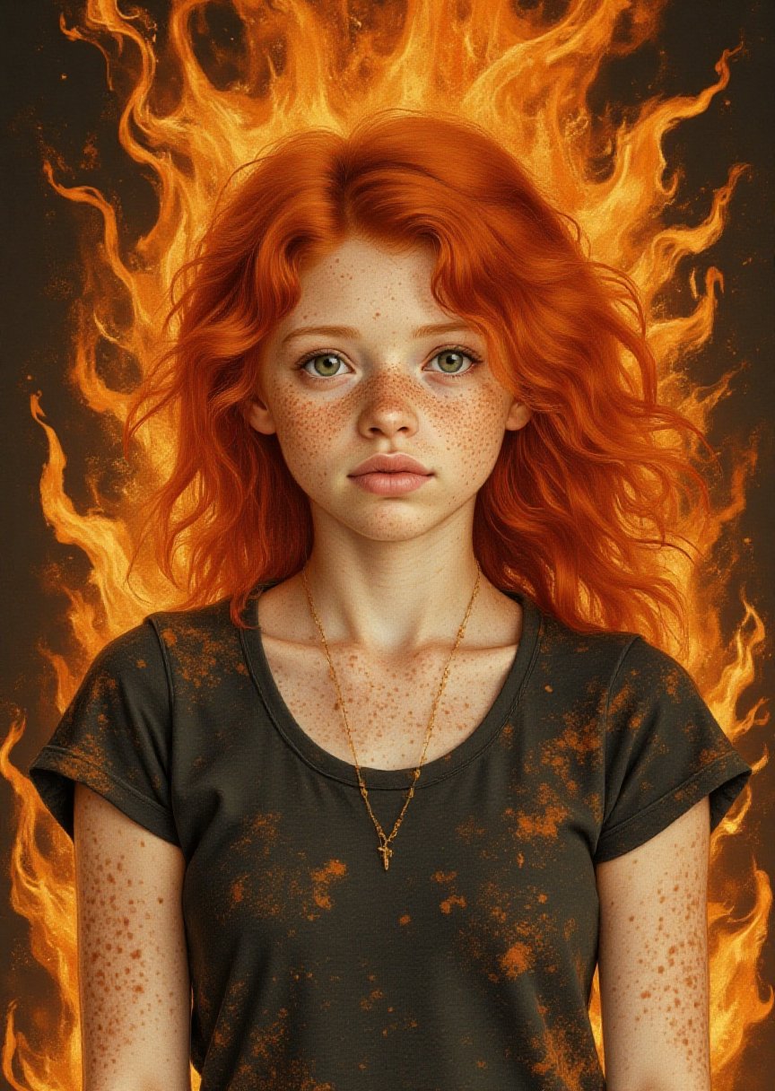 a ginger woman,  upper body,  flames around by Machtnix on Tensor.Art