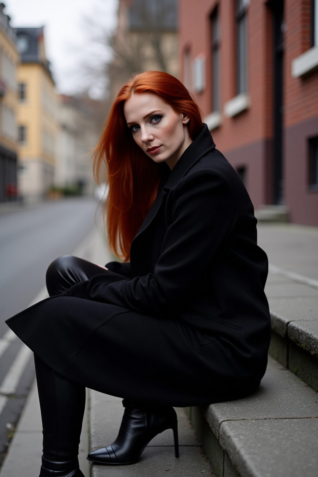 Photography of a redhedad girl with long straight and silky hair, wearing a black coat, paired with black leggins and heeled boots. she is sitting on a stair in a lonely street, while looks to the camera with a shy expression.