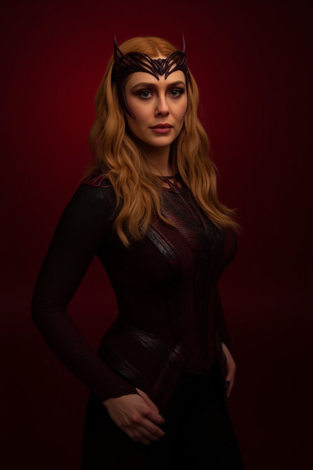 Professional studio photography. A woman dressed in a dark, fitted suit with details in red and black tones. The woman has long, wavy blonde hair and wears a crown on her head. She stands confidently in front of a dark red backdrop, gazing at the camera with a serious expression. Black nail polish. Dramatic lighting, ray tracing