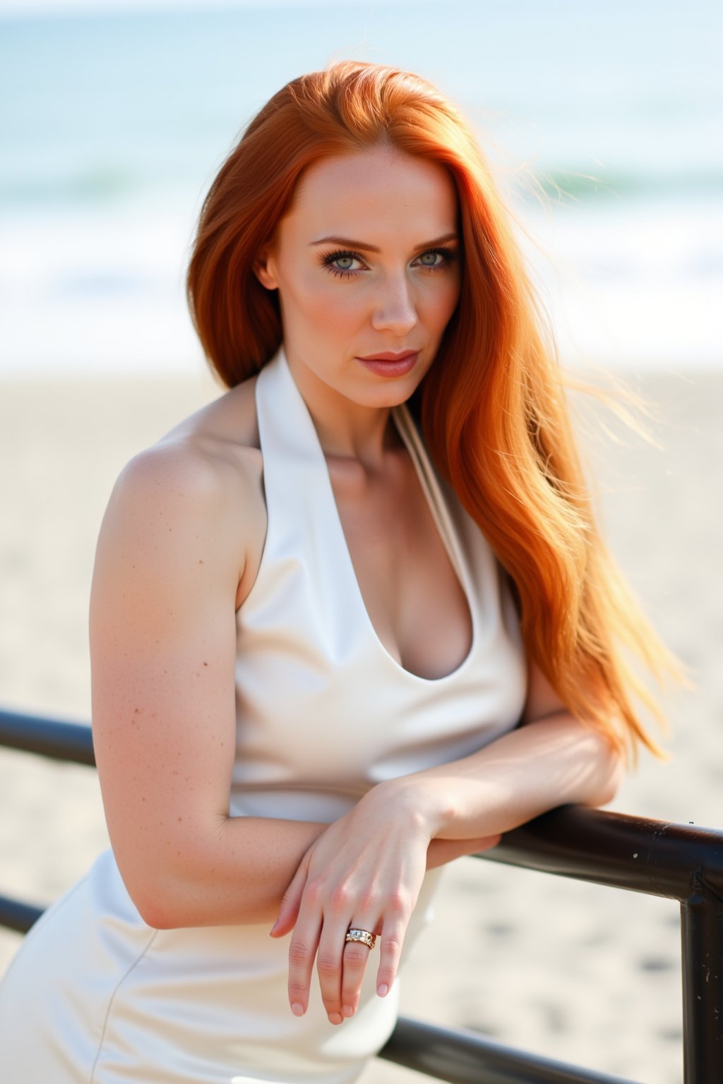 Portrait of a redhead girl with long, straight, and silky hair, wearing a white halter neck dress. She leaning on a railing, with her back resting on it.  She looks at the camera, as the sunlight illuminates her face. In the background, appears a beach on a sunny day.