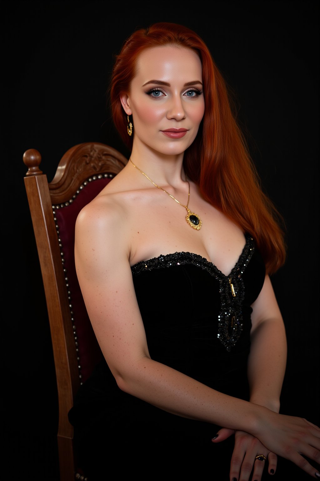 Photo, realistic, 1girl, solo, redhead. Portrait of a princess (ssimonsv2) with long hair wearing a ornamented black tube dress. She is sitting on a elegant wodden throne, in front of a simple dark backdrop. Earrings, necklace, oil paninting style, 18th century portrait, fantasy style.