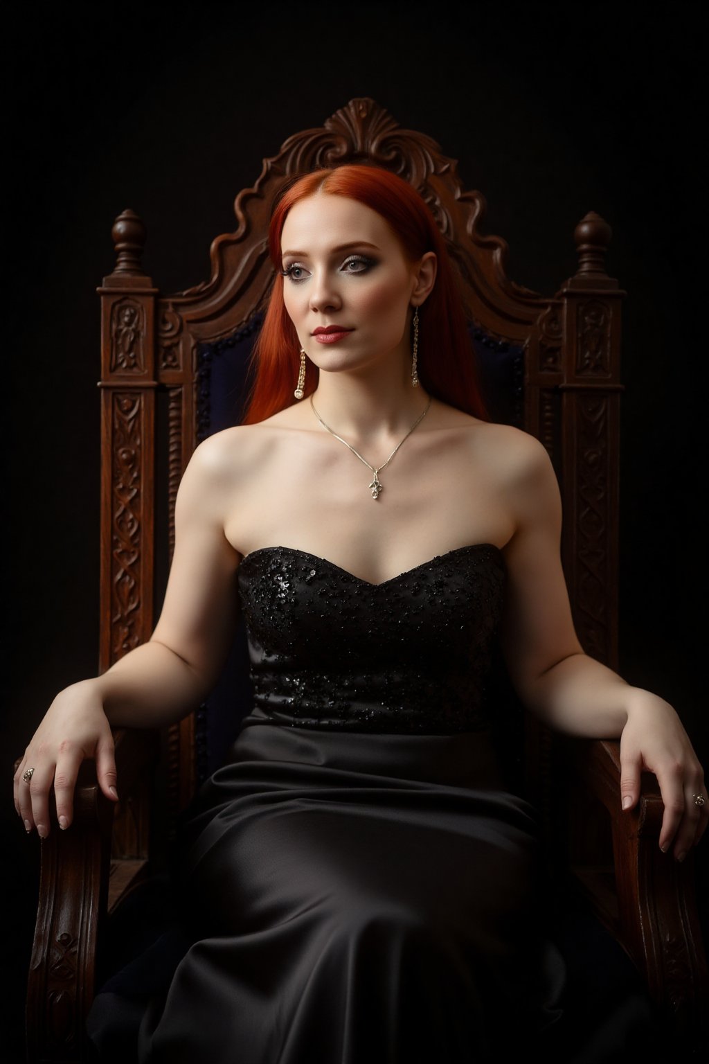 Against a dark backdrop, a redheaded beauty with long, straight, and silky hair, sits regally upon an ornate wooden throne. She wears an extravagant black dress adorned with intricate ornamentation, its silkiness catching the subtle light that dances across her porcelain skin. A delicate necklace glimmers around her neck, while dangling earrings add a touch of whimsy to her statuesque pose.