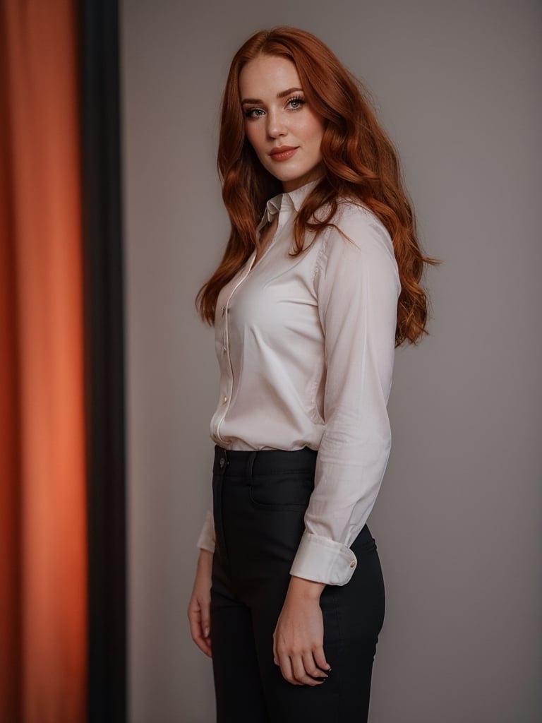 1girl, solo, orange long hair, [wavy hair], (pale skin), skin details, beautiful, soft lighting, (cowboy shot, portrait), looking at viewer, flirting, (photo, realistic), epiCRealism, highly detailed, bokeh, dress shirt, black pants, standing, grey background, (smoon:1.0)