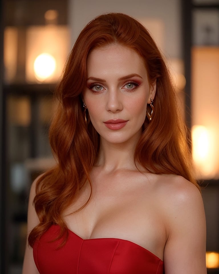 1girl, solo, ginger hair, [wavy hair], (pale skin), skin details, makeup, global ilumination, (photo, realistic), epiCRealism, highly detailed, bokeh, upper body, portrait, (looking at viewer), red dress (sleveless), earrings, at premiation, (smoon:1.0)