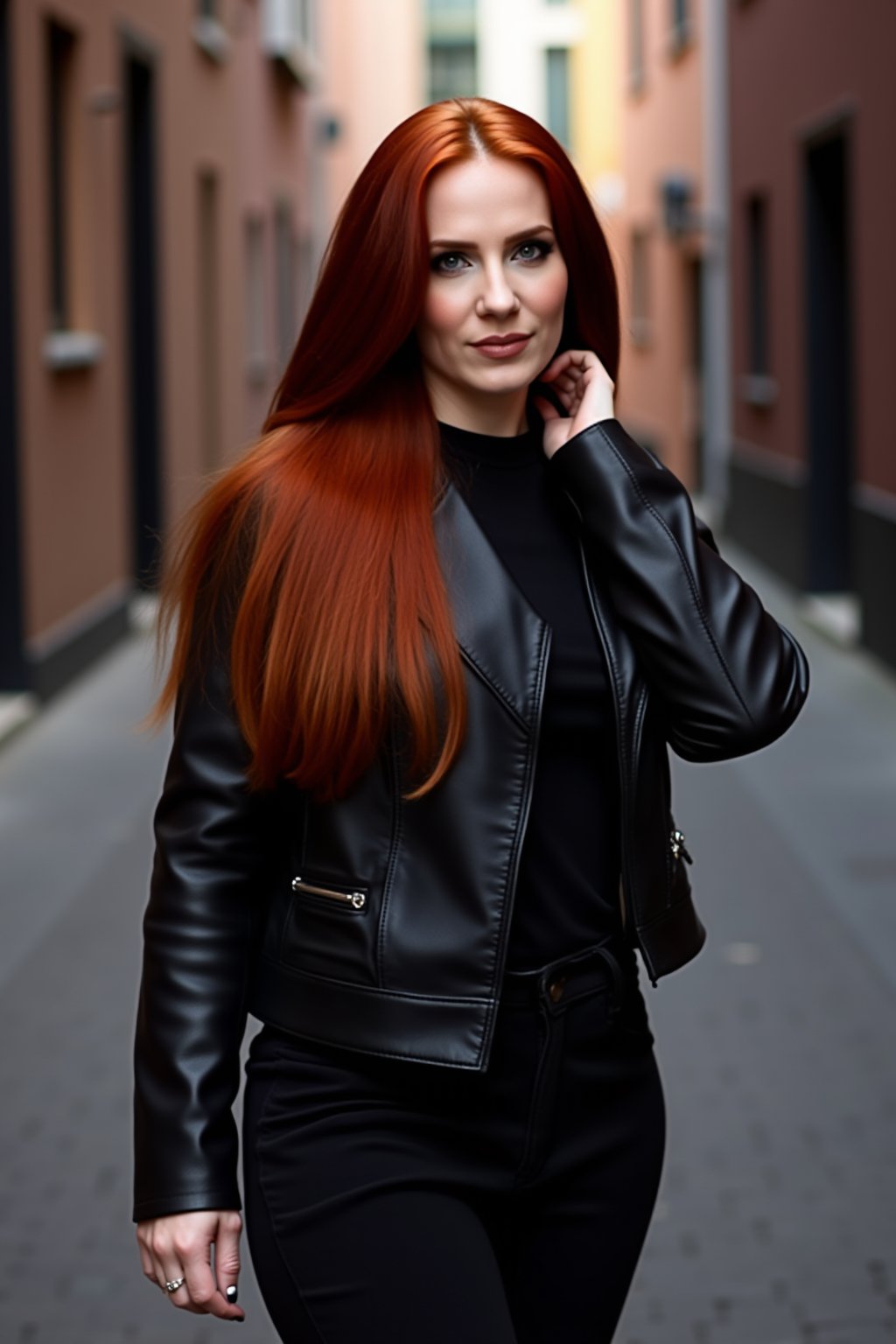 Photo, realistic, 1girl, solo, redhead. Portrait of a redhedad girl with long straight and silky hair, stands against a alley. she is wearing a opened leather jacket paired with black jeans. The background blurs, while the subject's takes center stage. 