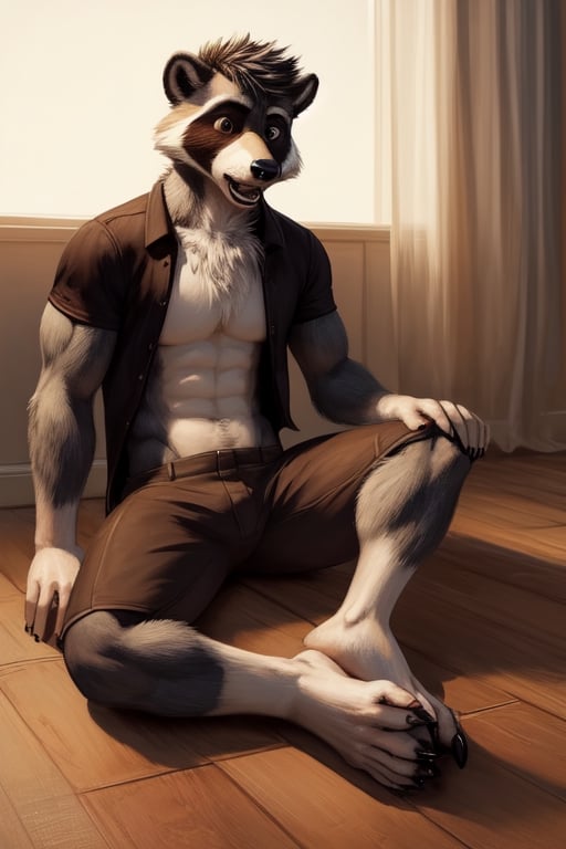 surprised,anthro, raccoon, transformation, long toes,narrow feet,ripped clothing,showing his feet, barefoot, fully padded feet, black leathery soles, animal feet, claws, Furry_feet, sitting on floor,gray fur,normal hands