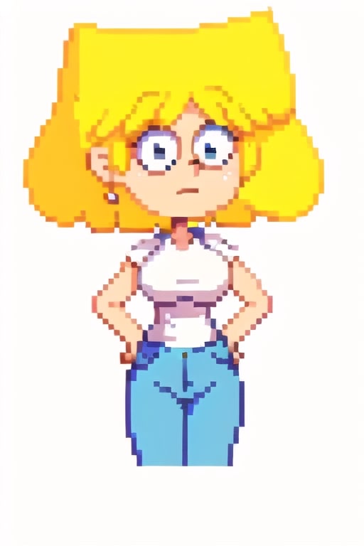 lori loud, cartoon, masterpiece, high quality, best quality, 1girl, solo, white background, blonde hair, short hair, white shirt, blue pants, black eyes, huge breasts, perfect, beautiful, hands on hips, facing viewer, 1st person view