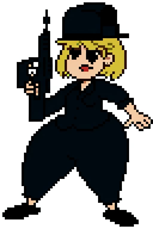 Rita Loud, 1girl, solo, black shirt, black pants, black eyes, black eyeshadow, curvy, goth, black hat, holding gun