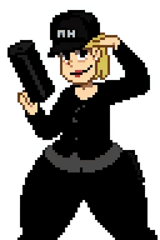 Rita Loud, 1girl, solo, black shirt, black pants, black eyes, black eyeshadow, curvy, goth, black hat