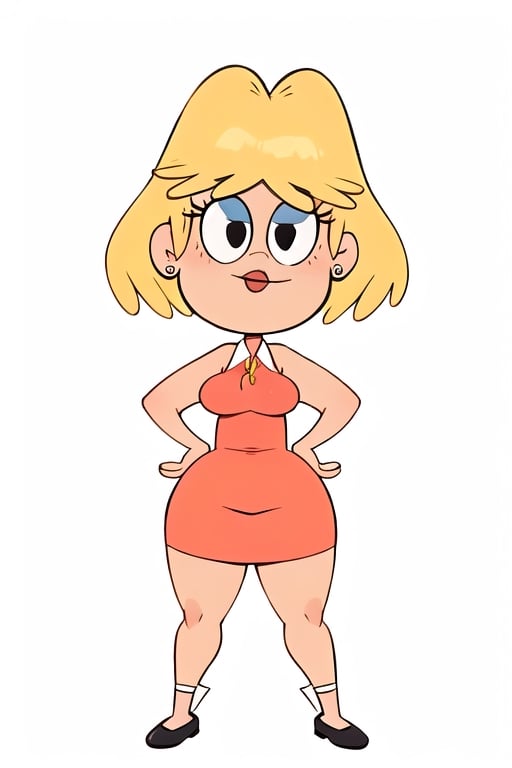 rita loud, cartoon, masterpiece, high quality, best quality, 1girl, solo, white background, blonde hair, short hair, red dress, black eyes, huge breasts, milf, top heavy, perfect, beautiful, hands on hips, facing viewer, 1st person view,chibi