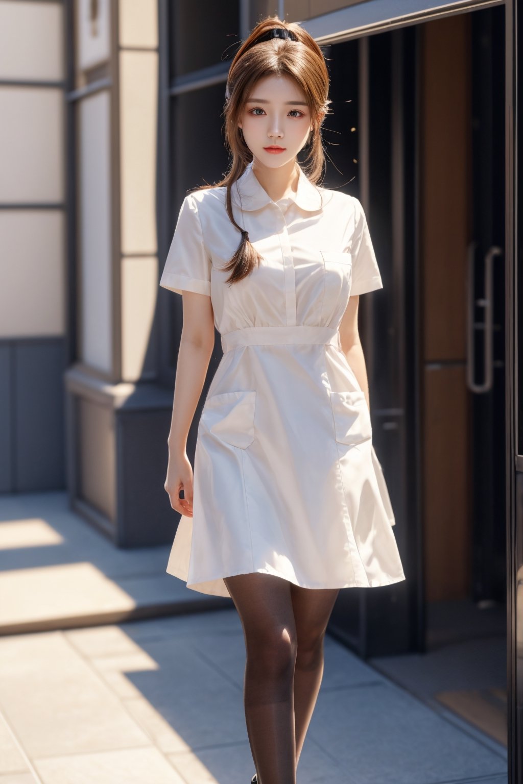 Super high resolution, masterpiece, highest quality,
Highly detailed face, detailed eyes, very complex, perfect shiny shiny skin, perfect lighting, detailed lighting, dramatic shadows, ray tracing, 20 years old, one Japan girl, with ponytail Hairstyle,nurse,breasts,breast pocket, collared dress, black pantyhose,white loafer shoes,short dress, short sleeves, thighs, white dress,, white shirt,looking at the viewer, (slight smile: 0.4),acjc,fullbody,walking posture